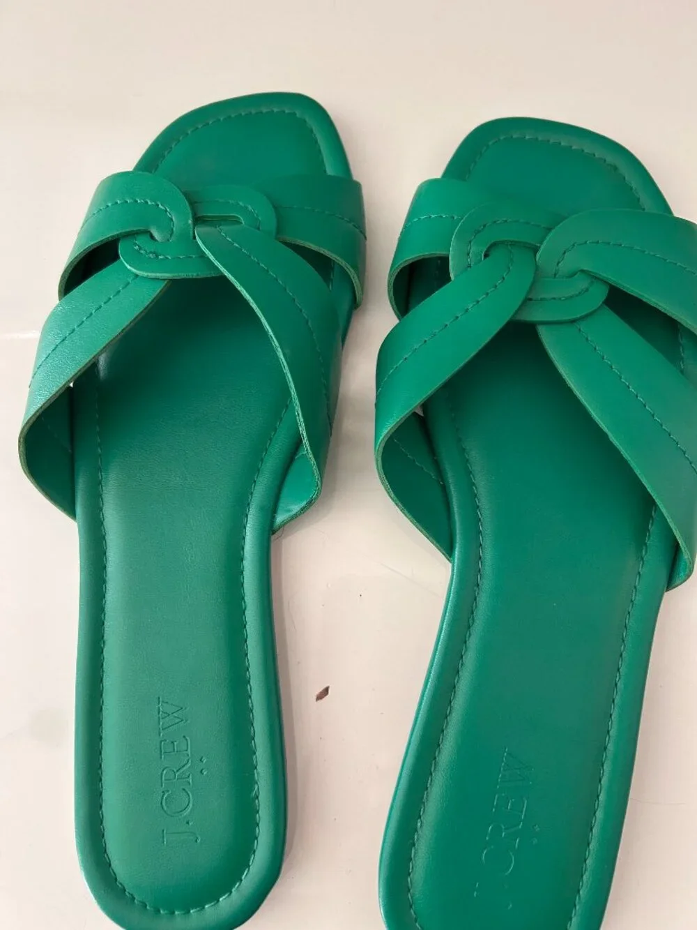 J.Crew Green faux Leather Knot Slide Sandals Square Toe - Size 10.5